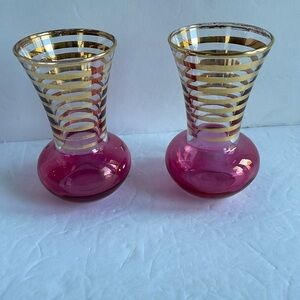 VTG 2 Glass small fluted bud vases Cranberry gold banded